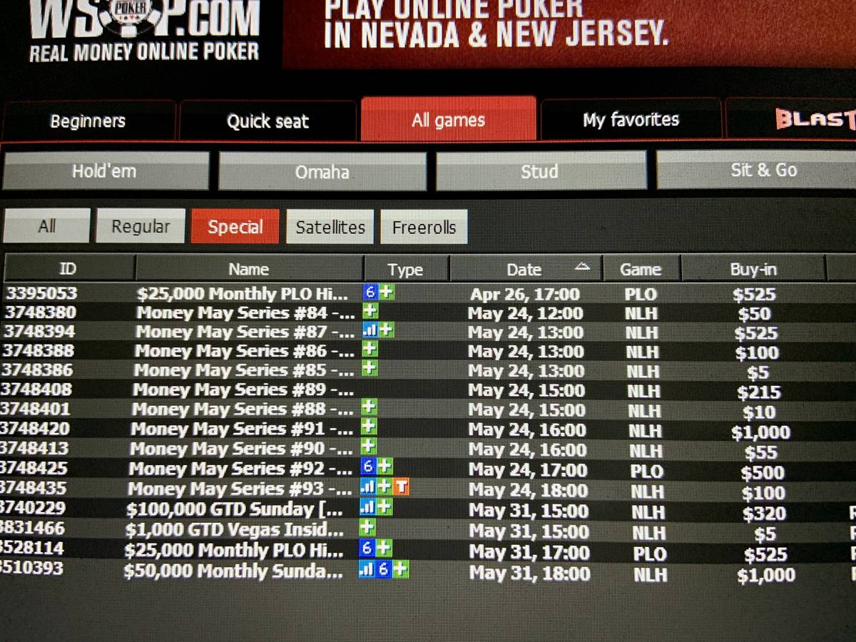 The lobby of WSOP.com shows events from a recently completed May tournament series Tuesday. (Ji ...