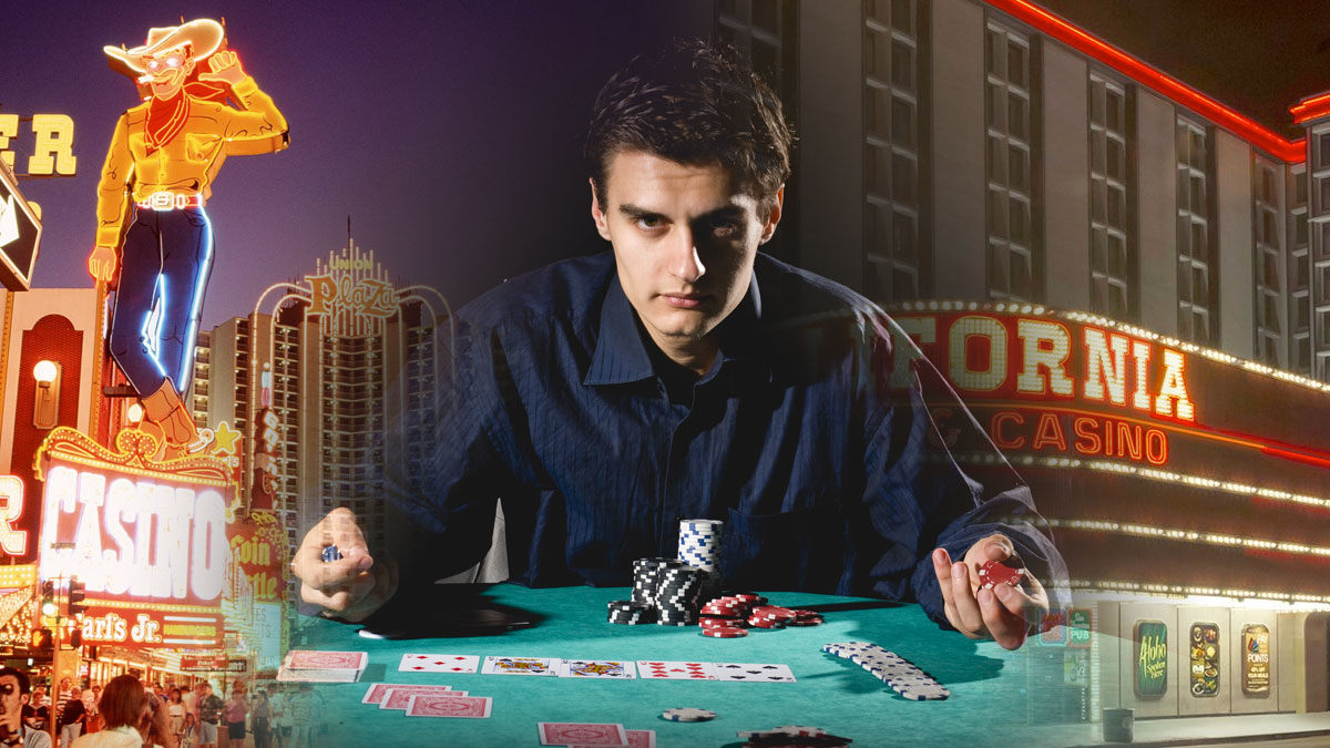 Pria di Meja Poker Dengan Latar Belakang Las Vegas dan California