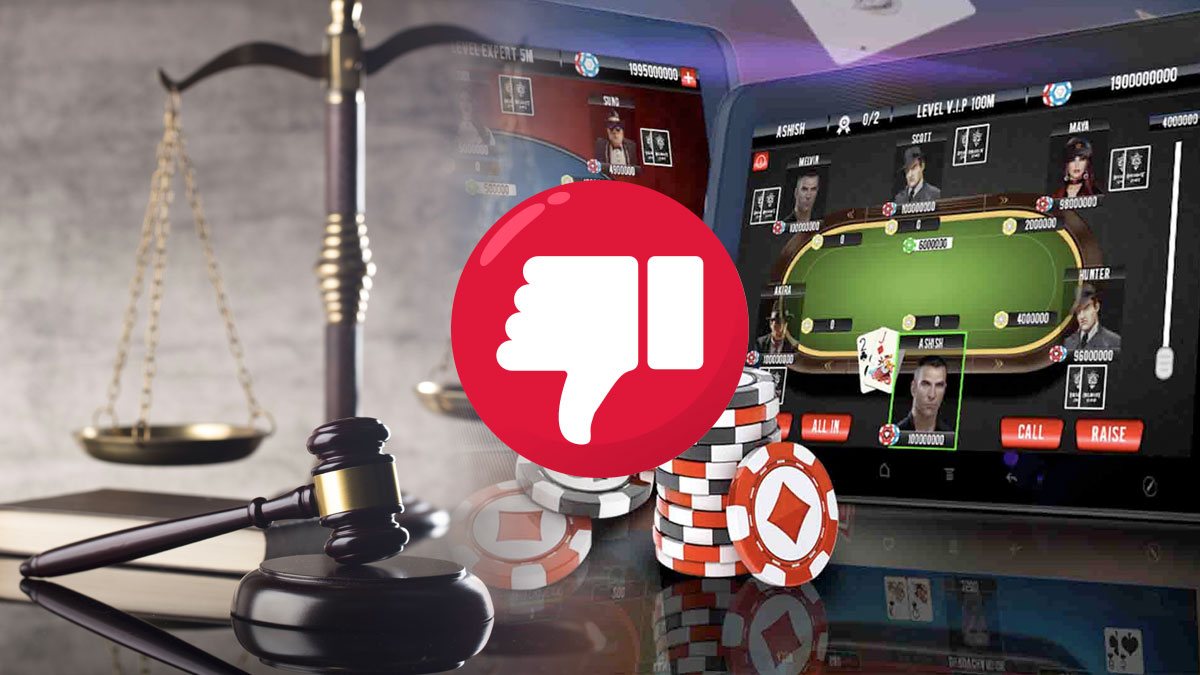 Ikon Jempol Ke Bawah Dengan Palu dan Timbangan serta Latar Belakang Poker Online