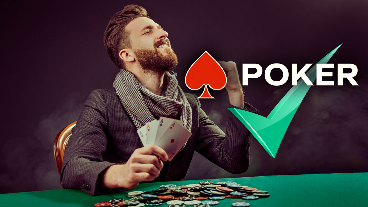 Teks Poker Dengan Tanda Centang Hijau dan Pemain Poker yang Bahagia