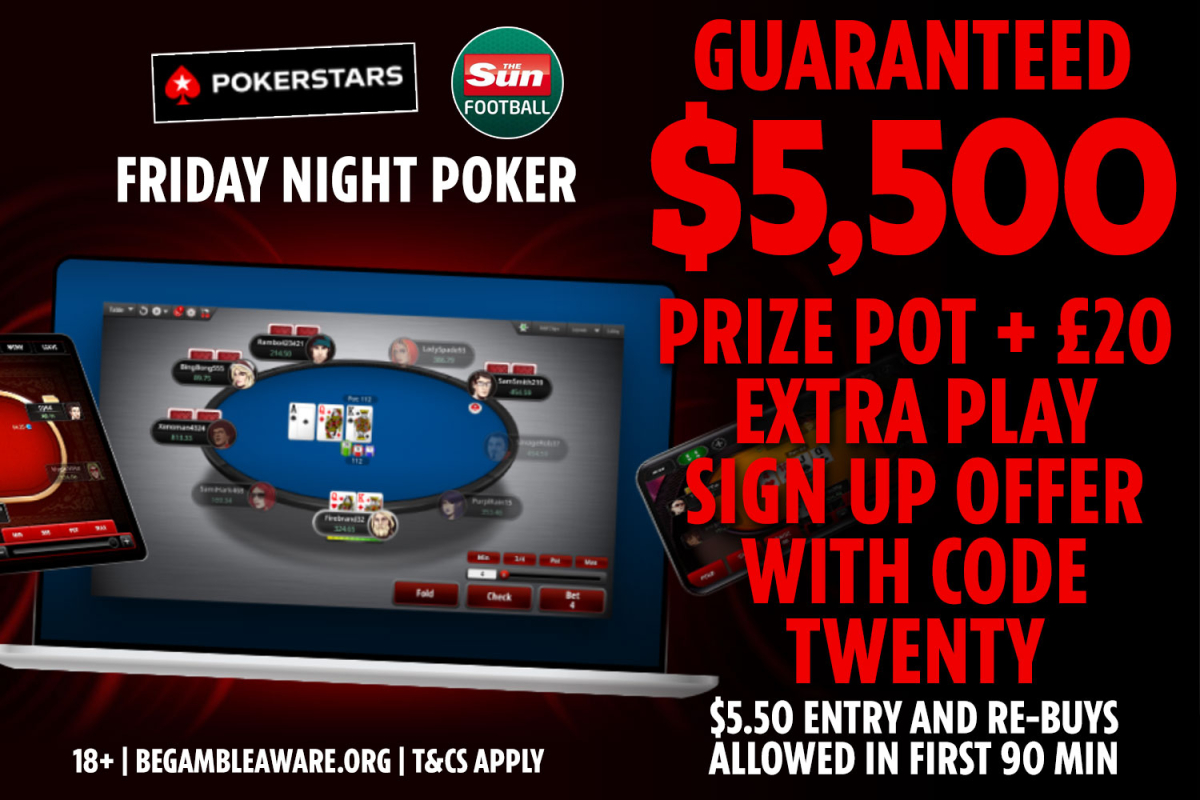 Mainkan poker dengan Sun Football dan PokerStars untuk mendapatkan kesempatan memenangkan bagian $ 5.500 hari Jumat ini